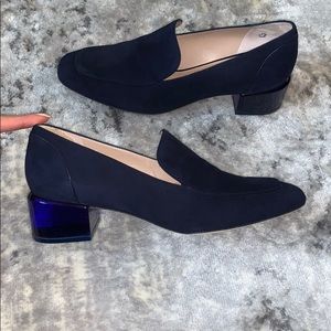 Suede one inch lucite heel loafer